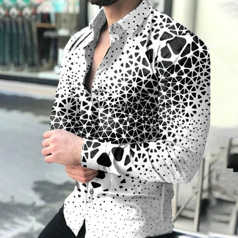 2021 New Geometric Print Shirts Men Fashion Turn-down Collar Buttoned Shirt Men's Autumn Casual Long Sleeve Cardigan Streetwear white short sleeve button up Shirts