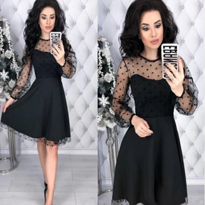 Black- Модное лоскутное кружевное платье в горошек, женское винтажное платье с круглым вырезом размера плюс для вечеринок, женское шикарное тонкое осеннее платье трапециевидной формы с длинными рукавами - Цвет: Black-