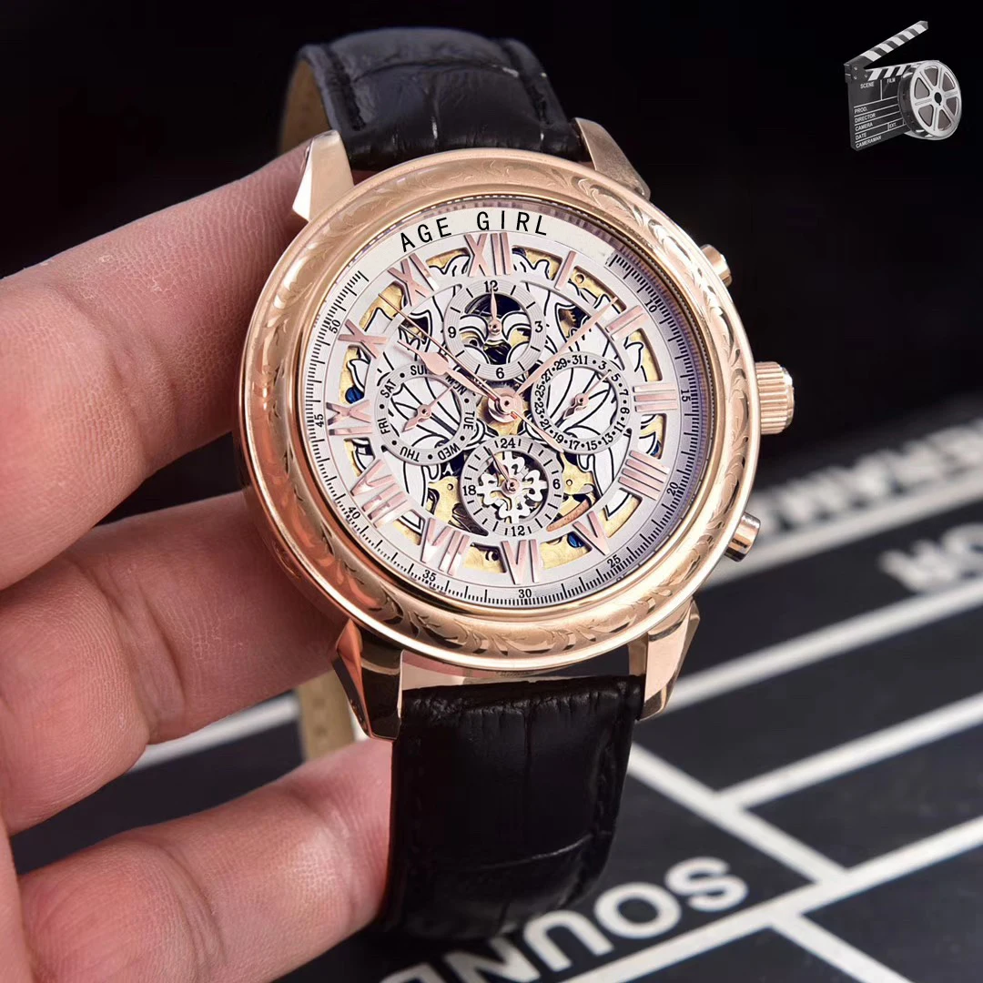 

Luxury Brand New Men Automatic Mechanical Watch Rose Gold Stainless Steel Brown Black Leather Sapphire Skeleton Engrave Enamel