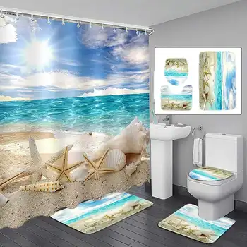 

Beach View Print Shower Curtain 4 Piece Carpet Cover Toilet Cover Bath Mat Pad Set Bathroom Curtain with 12 Hooks