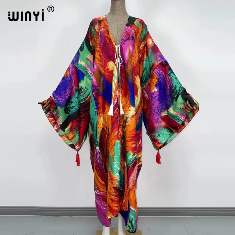 2021 WINYI new Cotton Bikini Sweet Lady Pink Boho Print Self Belted Front Open Long Kimono Dress Beach Tunic Women Wrap Dresses bikini cover up