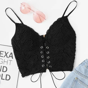 

Sexy Lace Strap Backless Short Women Crop Top Casual Solid Black Lace Up Summer Beach Boho Women Camis Top Tank Top 2018