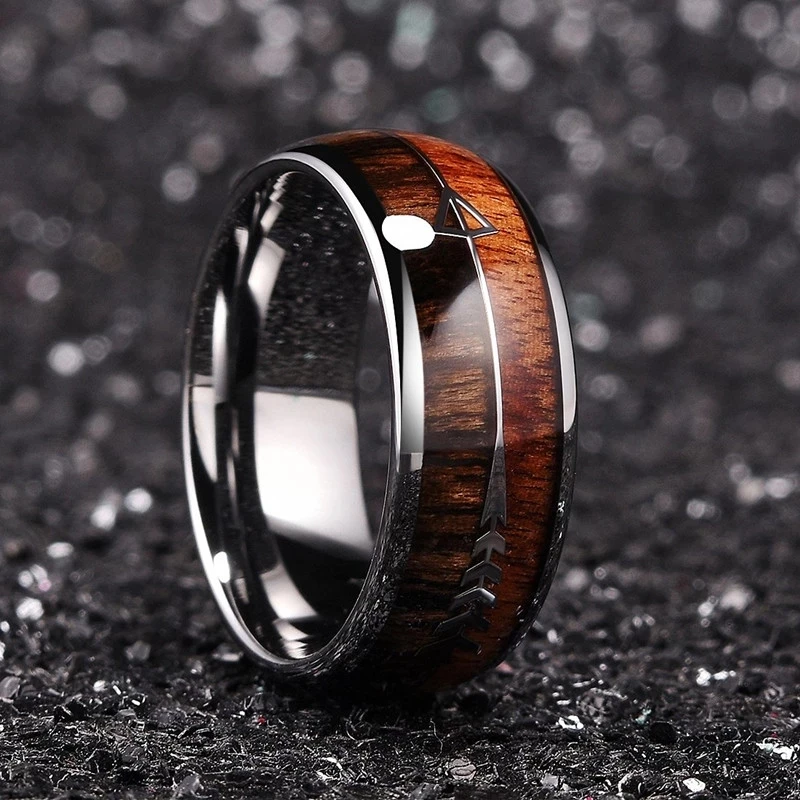 8MM Men Fashion Ring Stainless Steel Wood Inlaid Arrow Rings Wedding Band Anniversary Birthday Gift Jewelry