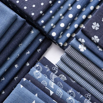 

blue white printing Denim fabric Thin Cotton soft Wash DIY Clothes shirt cloth