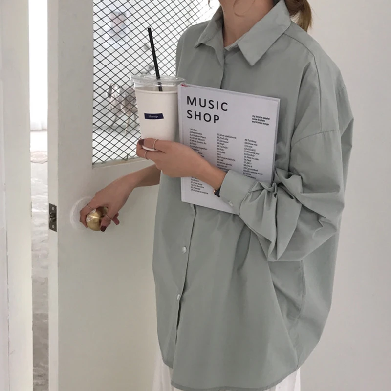 

Solid Color Botton-up Shirt For Women Office Lady Casual Turn-down Collar Long Sleeve Tops Spring Autumn Loose Women Blouses