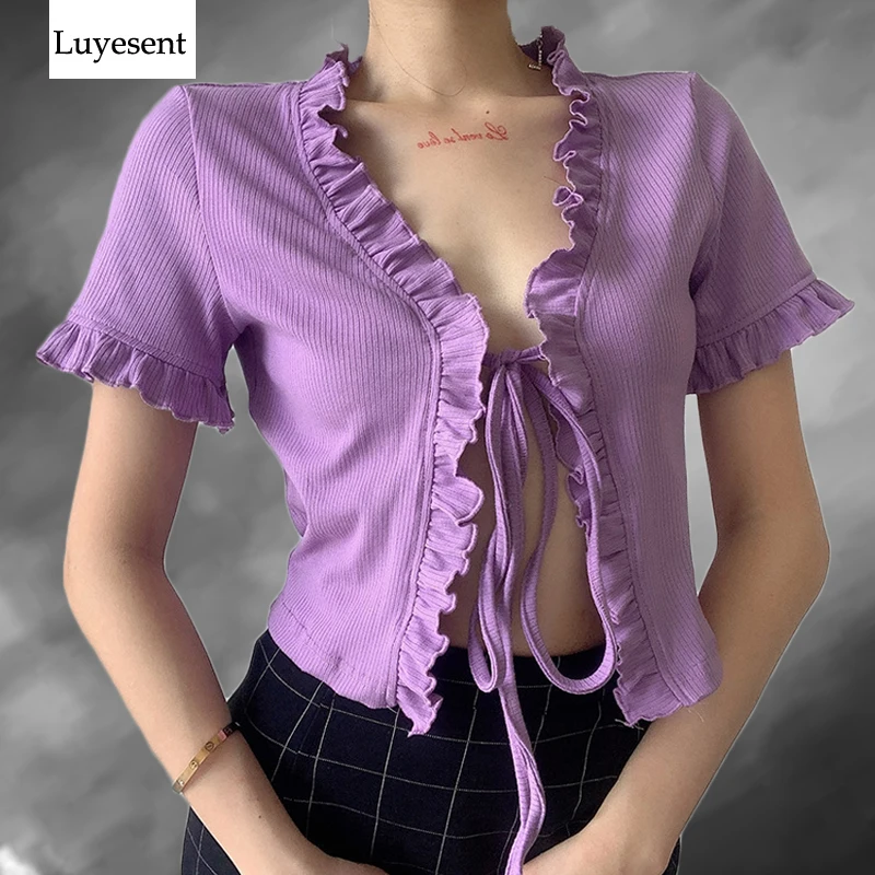 Light Purple Blue Sexy Women Short Blouse 2020 Lady Ruffles Open Stitch Lace-up Bust Deep V Neck Fashion Blouses Summer Slim Top
