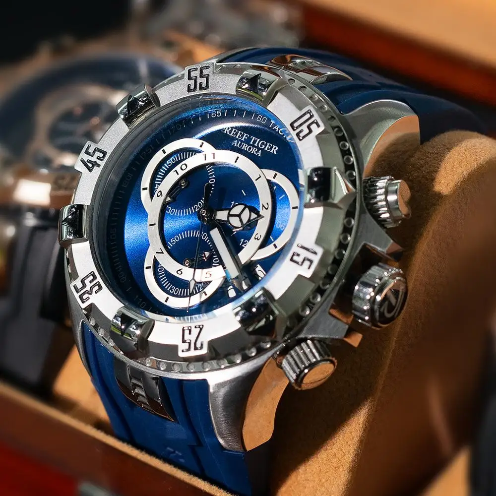 Мужские спортивные водонепроницаемые часы Reef Tiger/RT стальные с хронографом и