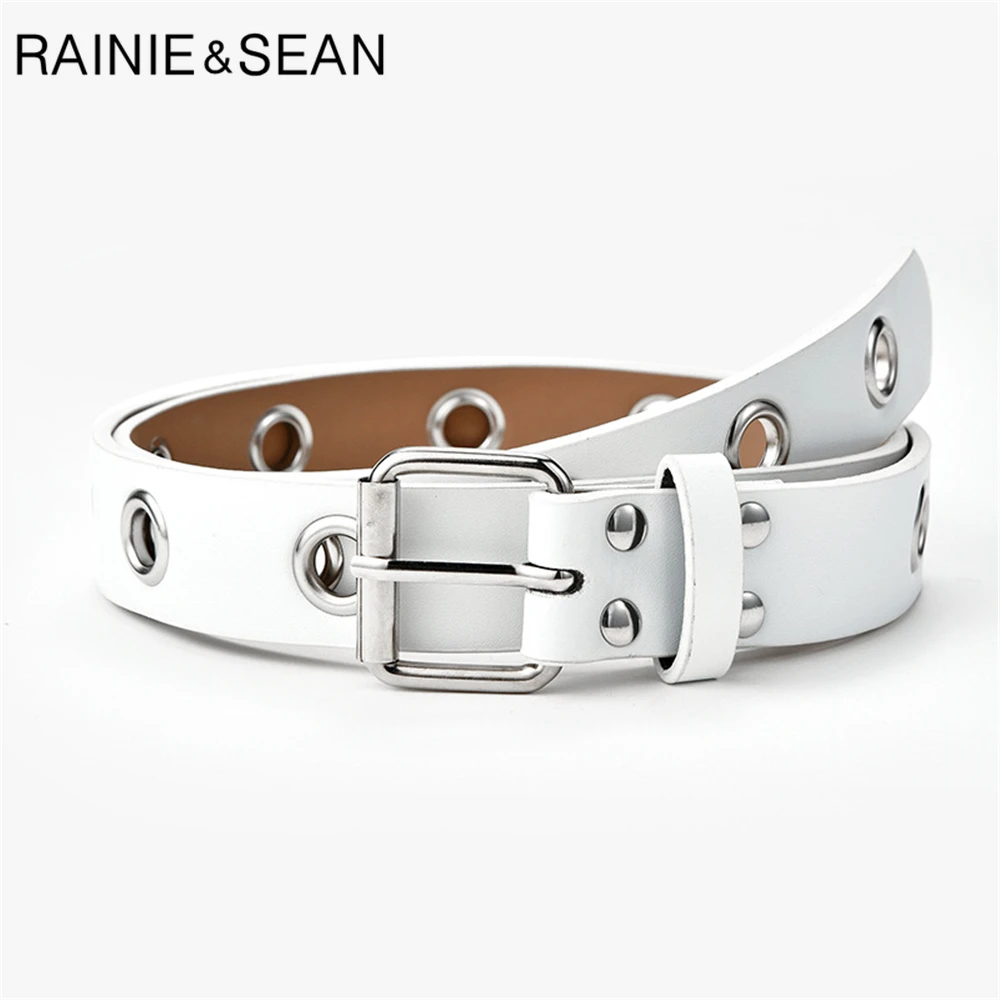 RAINIE-Cinturón de piel sintética con agujeros para mujer, cinturón Punk con hebilla de Pin, color blanco y negro, 110cm