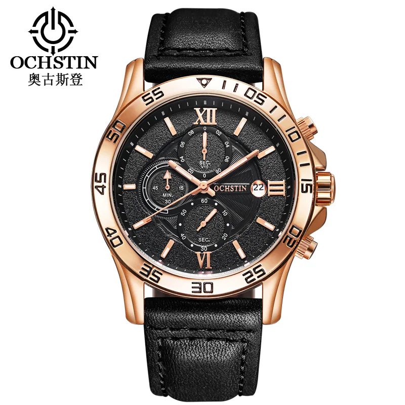 reloj hombre OCHSTIN Rose Gold Luxury watch Automatic Calendar business men watch in Casual sport leather band quartz watch men - Цвет: gold black