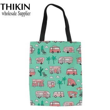 

THIKIN Happy Camper Cartoon Women Handbag Canvas Tote Bags Reusable Ladies Shopping Bag Students Girls Eco Foldable Shoulder Bag