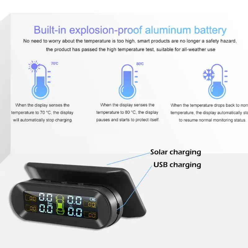 T05 Солнечная TPMS автомобильная система контроля давления в шинах с 4 колесами внутренний/внешний датчик HD цифровой ЖК-дисплей
