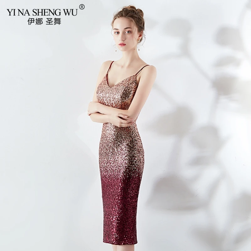 New Evening Gown Knee Length Sequin Backless Straps V-neck Vestito Cerimonia Donna Dress Women Sexy Sling Sequin Party Dress