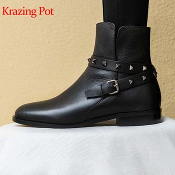 

Krazing pot genuine leather round toe rivets office lady low heels buckle straps ankle boots original design Chelsea boots L23
