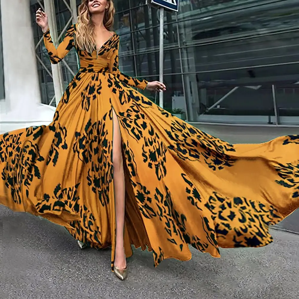 

Women's Sexy V-neck Printed Beach Boho Dress Elegant Vintage Split Long Maxi Dress Long Sleeve Party Banquet Evening Vestido
