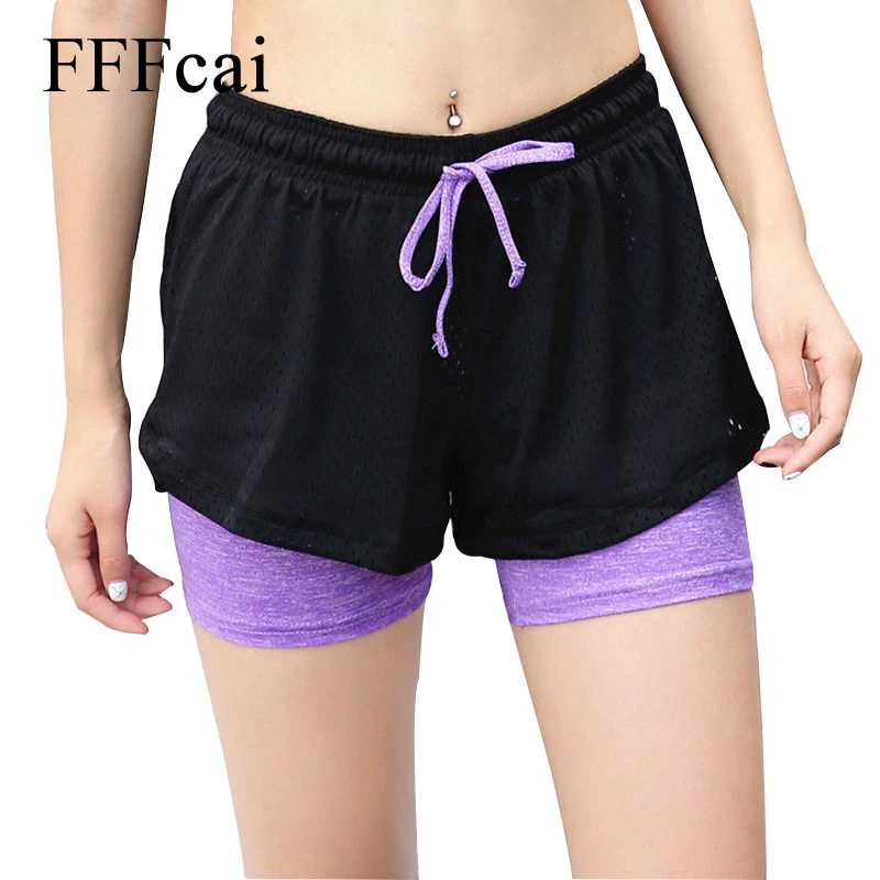 FFFcai, 2 в 1, унисекс, летние шорты для йоги, сетчатые, дышащие, женские, короткие брюки для девочек, для бега, спорта, фитнеса, одежда для бега