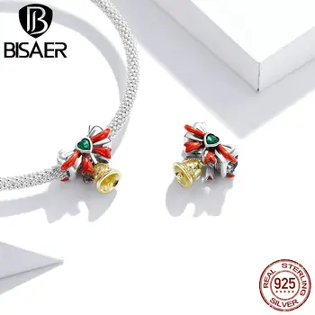 

BISAER Jingle Bell Beads 925 Sterling Silver Christmas Happy Charms Pendant Fit DIY Original Bracelet Necklace Jewelry GXC1668