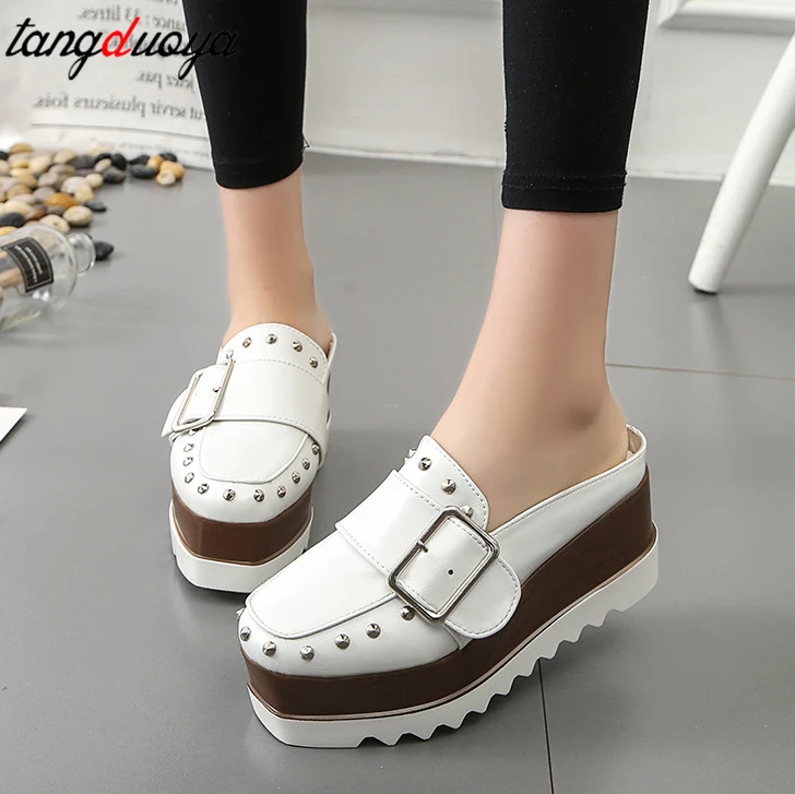 

ladies wedge slippers platform shoes High Platform Wedges Brown Slingbacks Pumps Fashion Thick Bottom Rivets Buckle Casual Shoes
