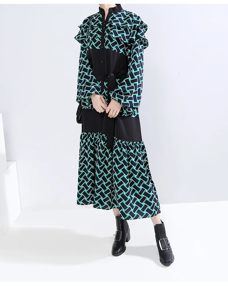 MEVGOHOT/ Новое Осеннее женское модное кружевное плиссированное платье свободного кроя в клетку с длинными рукавами и тонким поясом HD1277
