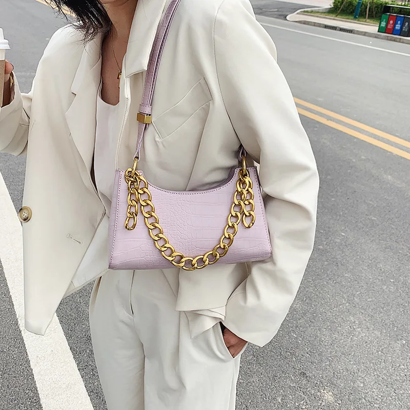 

Summer new style chain armpit bag single shoulder handbag crocodile pattern purple frog bag channels handbags