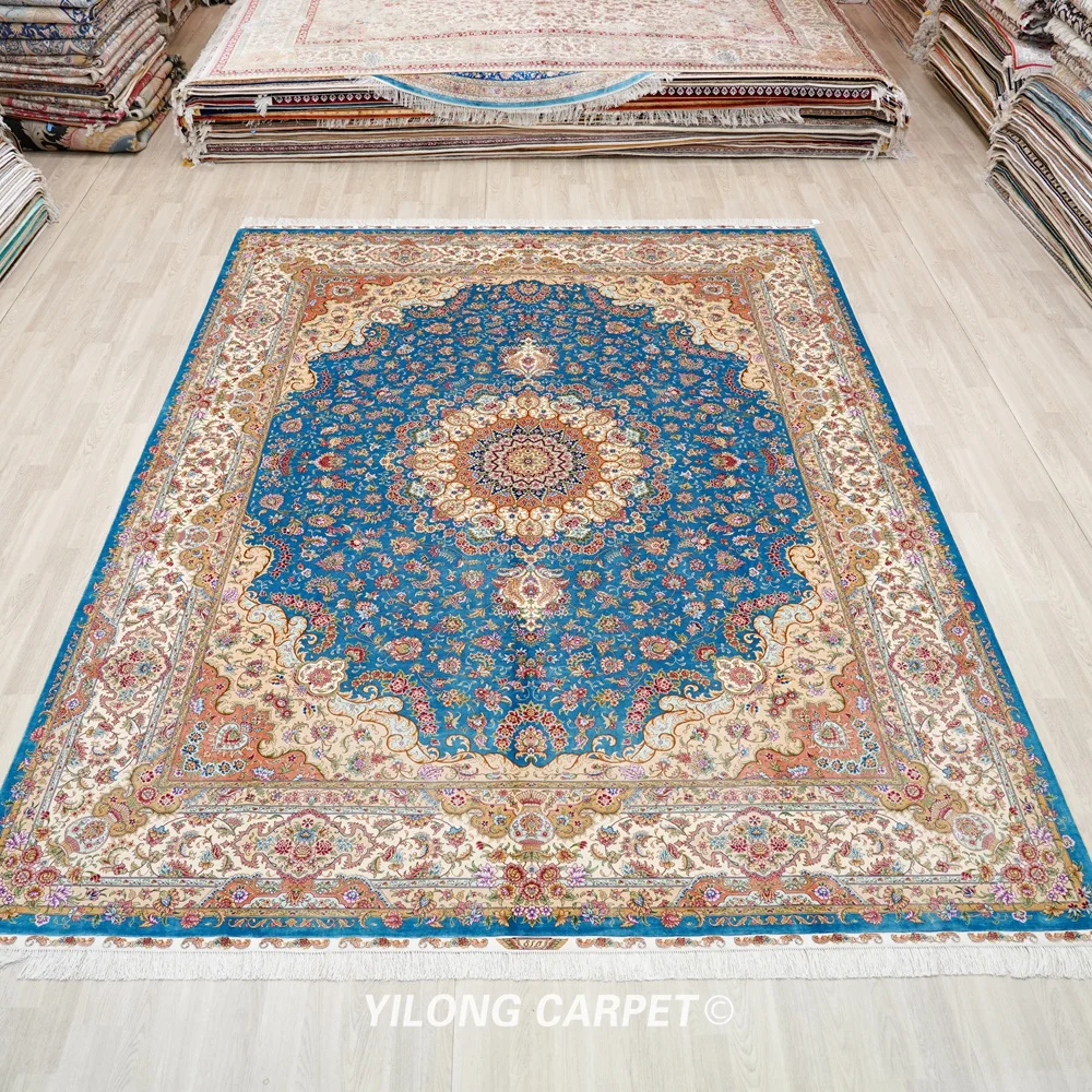 Yilong 9'x12' Handmade Oriental Silk Rug Vintage Nain Persian Traditional Hand Knotted Carpet for Home 9-Feet-by-12-Feet, Navy Blue 1300