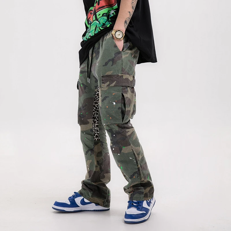 Hip-hop Distressed Camouflage Splash Flared Pants Men and Women Pockets Drawstring Loose Cargo Pants Streetwear Baggy Trousers Hip-hop Distressed Camouflage Splash Flared Pants Men and Women Pockets Drawstring Loose Cargo Pants Streetwear Baggy Trousers