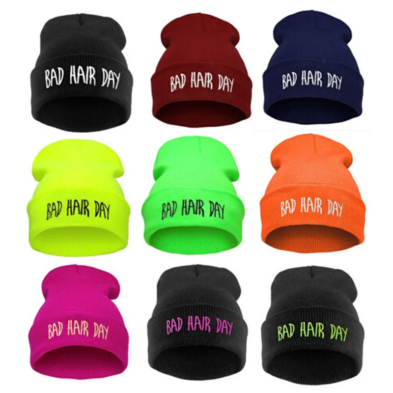 European style hip-hop beanie hat Bad Hair Day letters outdoor ski candy knitted cap women 11 color winter simple wool warm hat