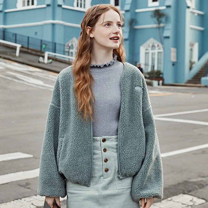SEMIR короткая женская куртка Зимняя Новая Популярная свободная куртка большого размера с v-образным вырезом имитация ягненка кашемировое теплое пальто - Цвет: green