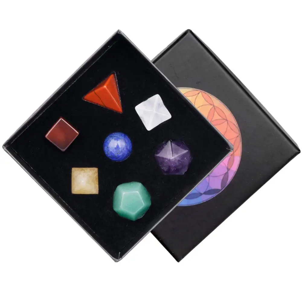 TUMBEELLUWA 7 Chakra Crystal Platonic Solids Sacred Geometry Set, Polished Tumbled Stones With Merkaba Star Kit For Meditation