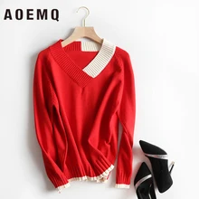 AOEMQ модный свитер, лоскутные женские топы, высокая уличная Осенняя зимняя одежда, свитер, тонкие Теплые Топы ручной работы для женщин, одежда