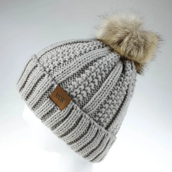 Light Gray Новинка, модные шапки Skullies Beanies, зимние шапки для женщин, толстая вязаная теплая шапка, женская меховая шапка с помпонами, шапка для девочек - Цвет: Light Gray