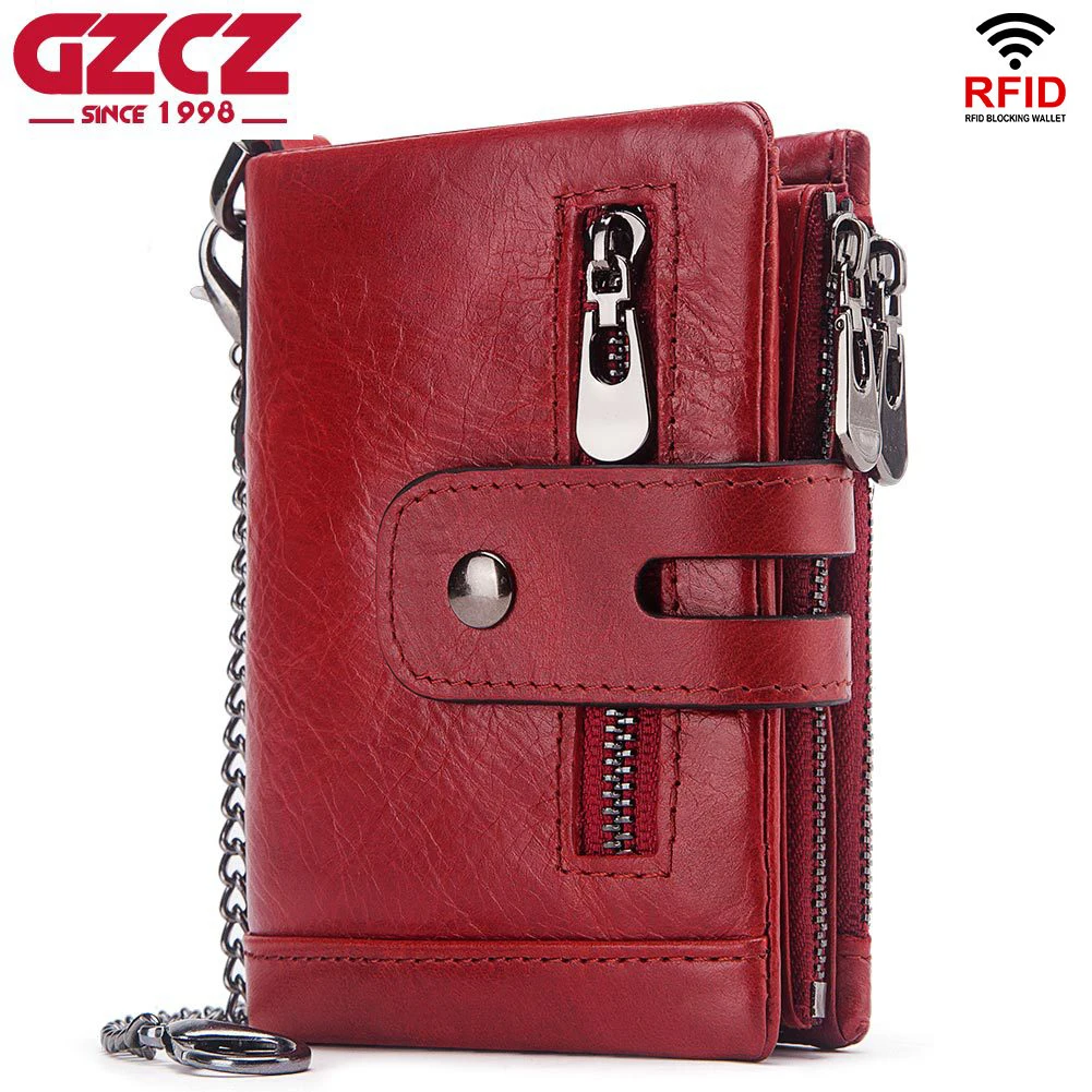 

GZCZ Refid Women`s Wallet Men Casual Refid Wallet Quality Genuine Leather Chain Men`s Wallet Coin Purses Fashion Lady Wallets