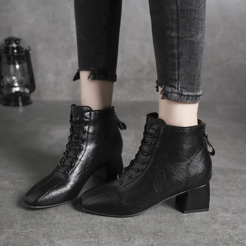 

Autumn Martin Boots Women's 2019 New Style British Style Versatile Chunky-Heel Semi-high Heeled Lace-up plus Velvet Winter Slimm