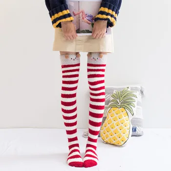 

Helisopus Women Cartoon Coral Velvet Knee Socks Lady Lovely Warm Comfortable Thick Long Socks Winter Striped Christmas Stockings