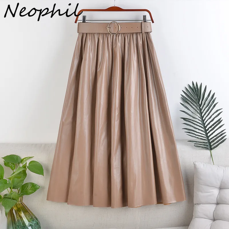 Neophil 2024 Winter Women PU Faux Leather Long Skirts Fashion Vintage Sashes A-Line High Waist Flare Belt Skirt Longa Saia S92N6