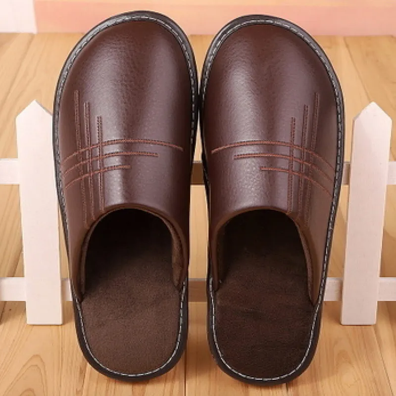 Мягкие короткие плюшевые мужские тапочки размера плюс 35-46; Домашние кожаные тапочки; зимняя модная обувь; Новинка года; домашние тапочки унисекс - Цвет: Coffee