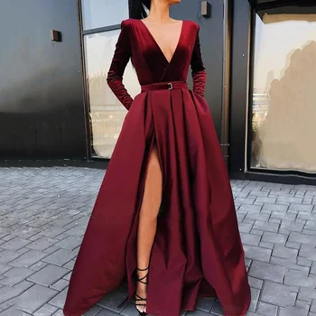 

Wine Red Deep V Evening Dress Sexy High Split Long Party Robe 2020 Autumn Elegant Long Sleeve Formal Gown Floor-Length Vestidos