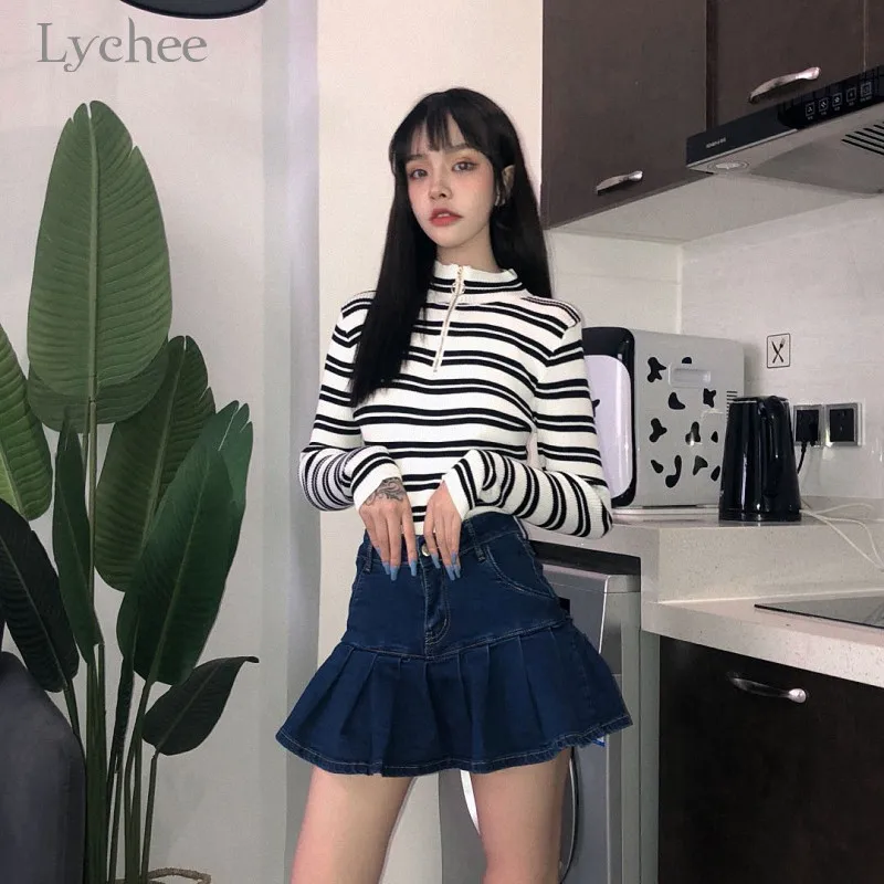 Lychee Harajuku, женская укороченная футболка с кольцом на молнии и стоячим воротником, топ в полоску, женские трикотажные футболки, тонкие осенние женские короткие футболки, топы