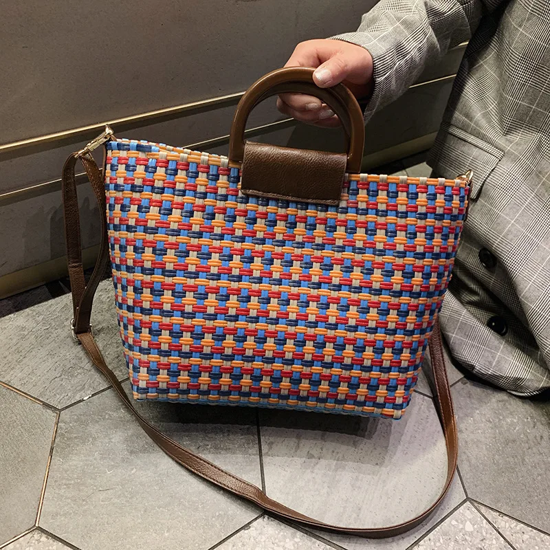 

2019 New Style Color Plaid Straw Bag Large Capacity Shopping Basket Wood Portable Handle Shoulder WOMEN'S Bag