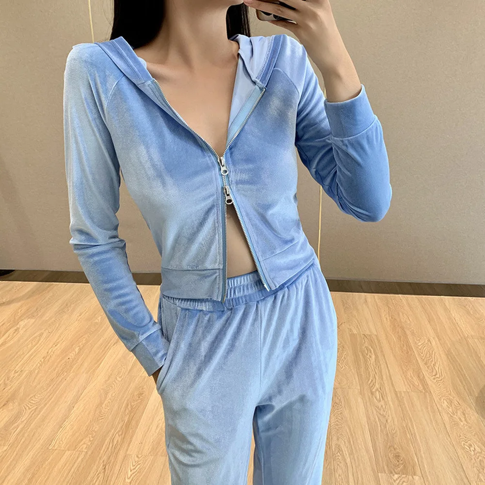 

Fashion Blue Two Piece Set Women Warm Velvet Tracksuit Two Piece Set Female Casual and Comfortable Tracksuit Women Clothing 2020