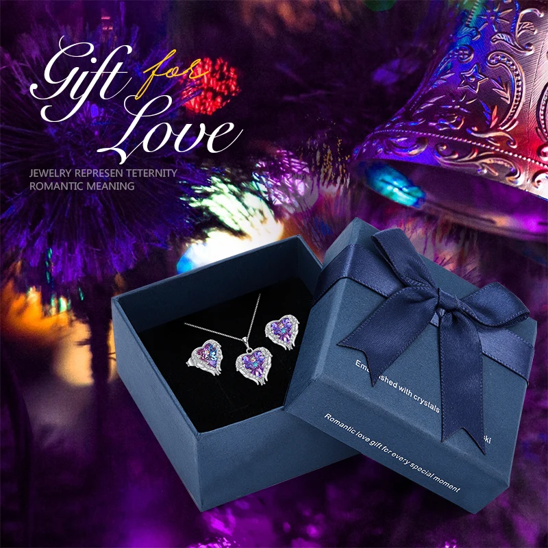 purple Set plus box CDE 925 стерлингового серебра Женские Ювелирные наборы украшенные кристаллами комплект женского ожерелья Угол Сердце Ювелирные наборы - Цвет камня: purple Set plus box