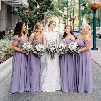 

Summer Chiffon Purple Bridesmaid Dresses 2020 A-Line Pleated Long Maid of Honor Gowns Off Shoulder Formal Wedding Guest Dresses