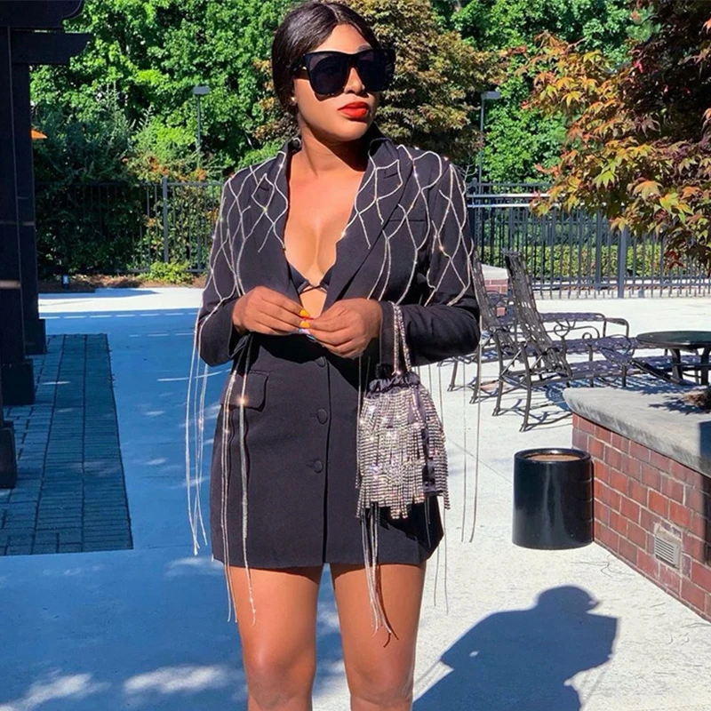 

2019 Black Blazer Dress Women Tassel Fringe Button Elegant Ladies Office Dress Winter Autumn Female Long Sleeve Mini Party Dress