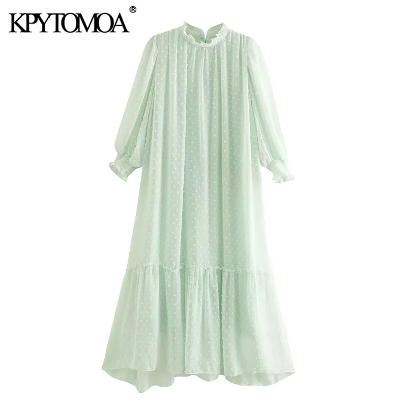 KPYTOMOA Women 2020 Chic Fashion Dot Chiffon Ruffles Midi Dress Vintage High Neck Back Smocked With Lining Female Dresses Mujer KPYTOMOA Women 2020 Chic Fashion Dot Chiffon Ruffles Midi Dress Vintage High Neck Back Smocked With Lining Female Dresses Mujer