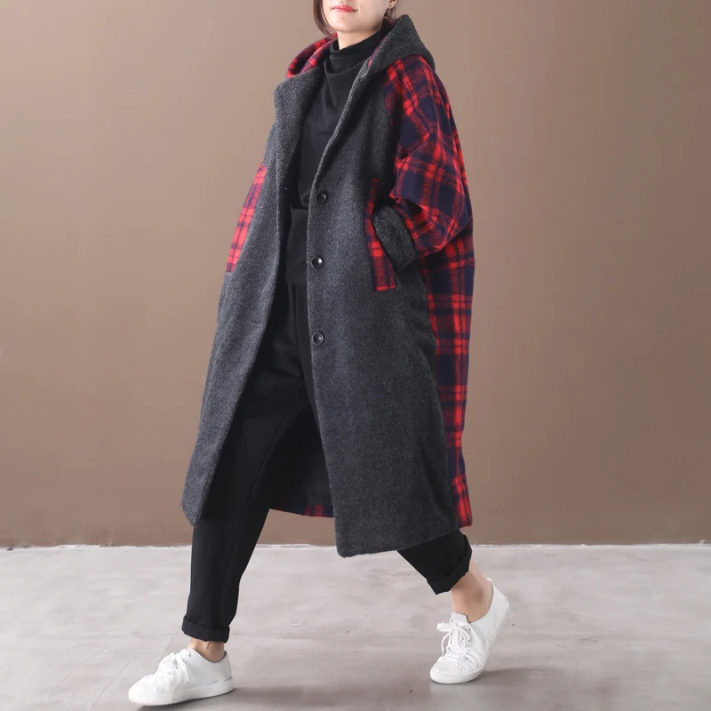 SuperAen Зима Новинка корейский стиль женское Шерстяное Пальто свободного кроя большого размера клетчатое шерстяное пальто с капюшоном женские дикие Модные пальто