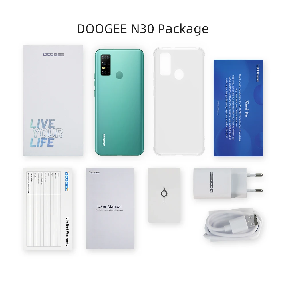 DOOGEE N30 Global Version 6.55"inch 16MP AI Main Quad Camera 128GB ROM Octa Core Cellphone 4500mAh Large Battery Android 10 OS waterproof unlocked cell phones