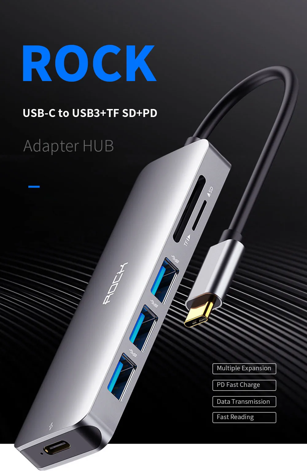ROCK type-C до 3* USB3.0 адаптер TF SD слот для карты PD Быстрая Зарядка адаптер концентратор для MacBook MateBook ThinkPad Xiaomi HUAWEI