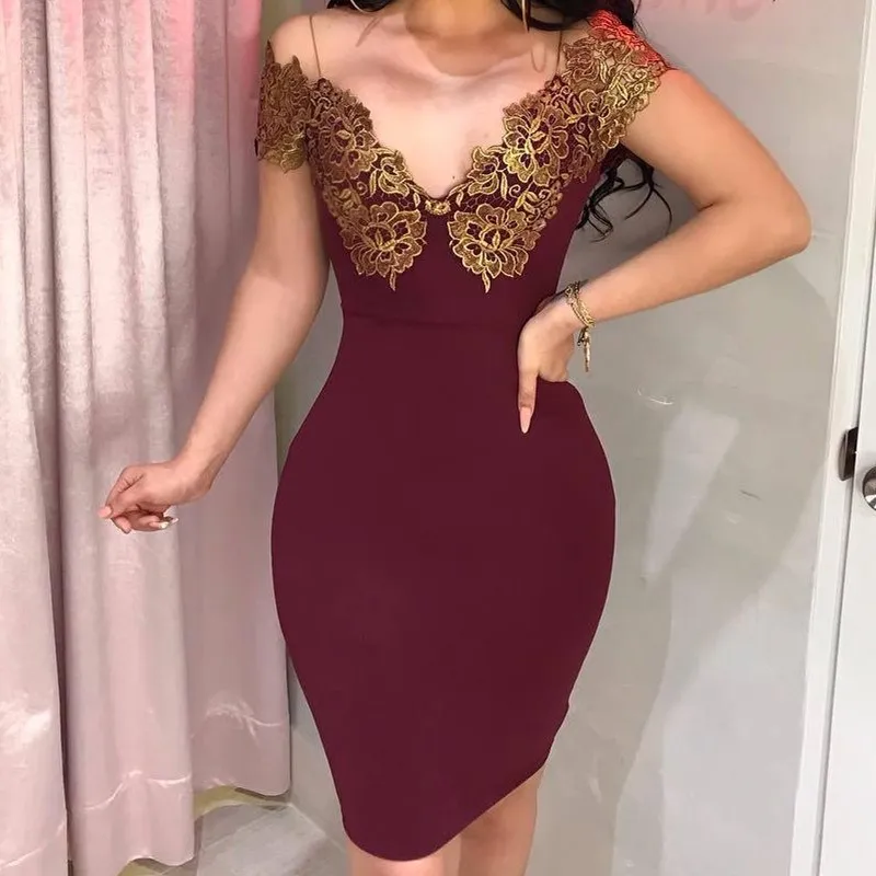 

2019 Summer New High Waist Lace Dress Women Sexy V Neck Mini Pencil Dress Short Sleeve Bodycon Party Dresses