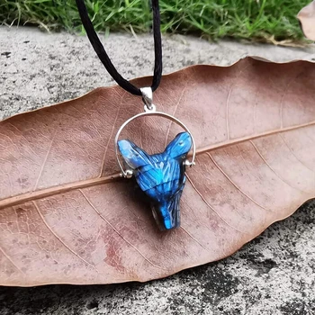 

25mm Tiny wolf head labradorite stone pendent, 925 silver pinch bail, stone wolf charm wolf pendant necklace03