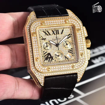 

Luxury Brand New Chronograph Men Stopwatch Sapphire Crystal Full Iced Diamond Rose Gold Silver Black Leather Limited Watch Rome