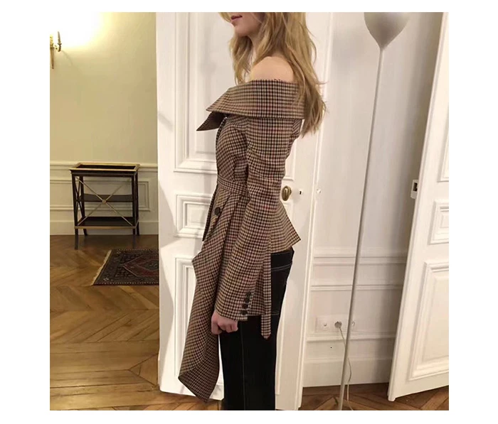 Gentillove Женский Осенний модный клетчатый блейзер с открытыми плечами женский сексуальный длинный рукав с вырезом лодочкой неровные куртки размера плюс пальто